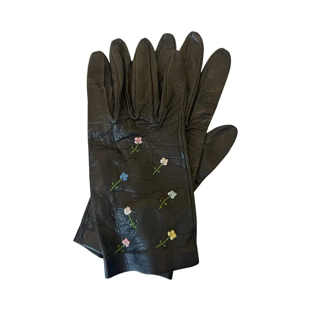 Genuine Leather Embroidered Floral Gloves – Vintage